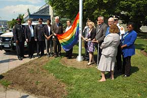 Councillors, other digitiaries and community members raise the Rainbow Flag at the City of Markham civic centre. Councillors, other digitiaries and community members raise the Rainbow Flag at the City of Markham civic centre.