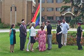 Mayor Margaret Quirk, town councillors, dignitaries and community members raise the Rainbow Flag at the Town of Georgina civic centre. Mayor Margaret Quirk, town councillors, dignitaries and community members raise the Rainbow Flag at the Town of Georgina civic centre.